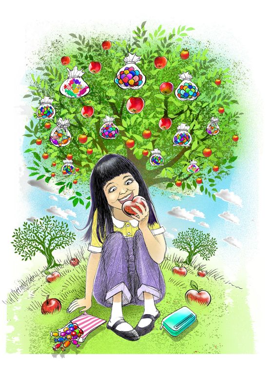 Girl sitting under an apple tree that also has sweets as fruit.