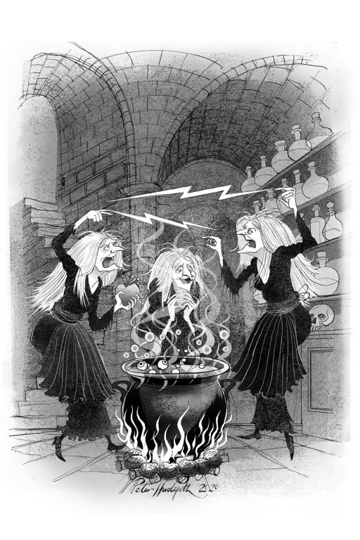 The three witches are cooking and planning evil deeds