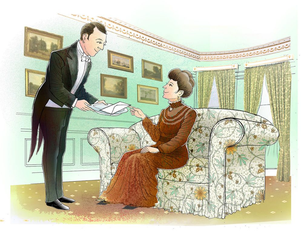 Butler handing a letter to the lady of the house in the sitting room.